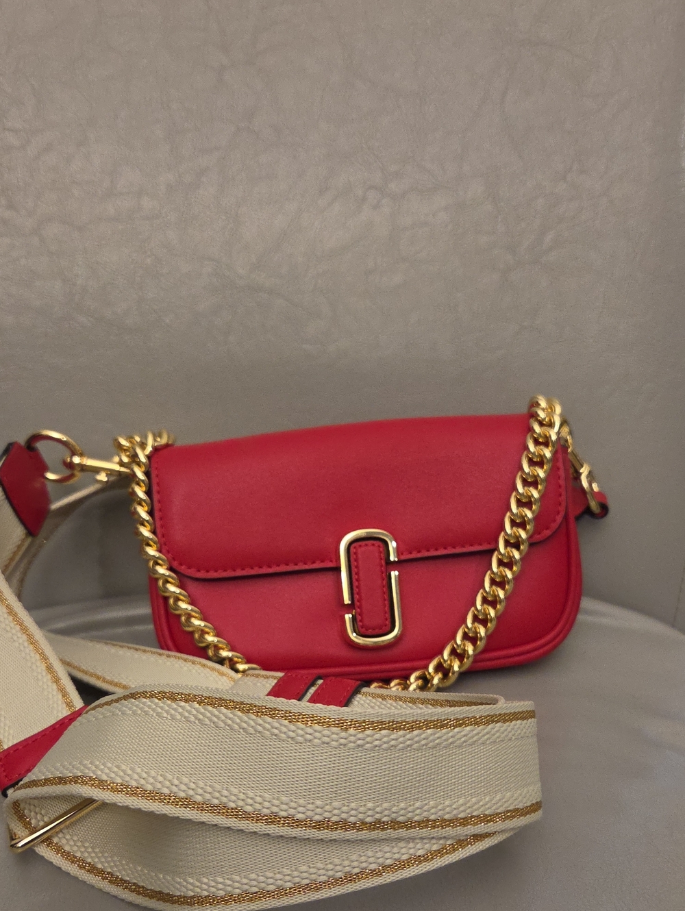 Marc Jacobs Red Crossbody Camera Bag with Gold Chain